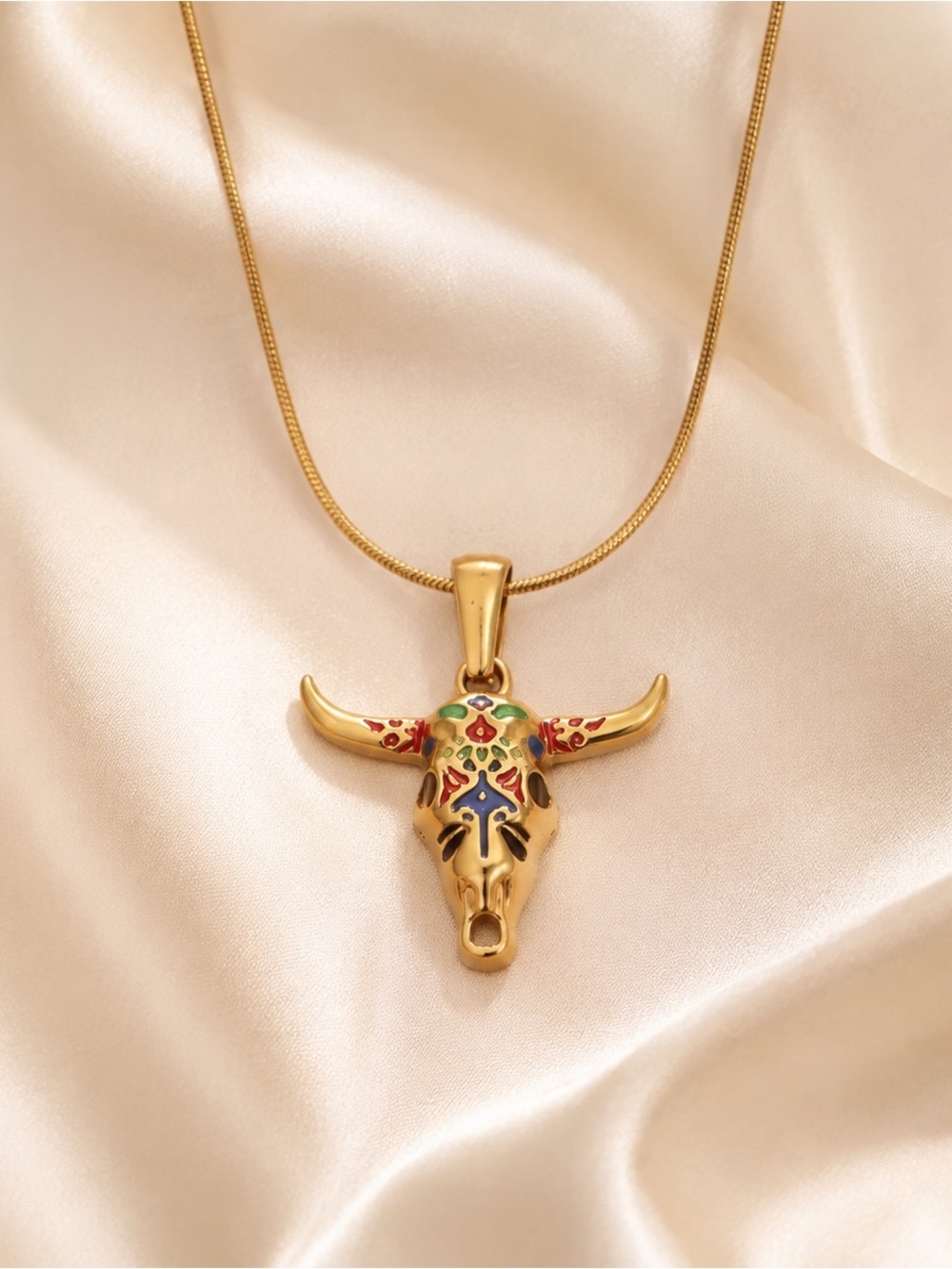 Gold  Bull Skull Pendant Necklace with Crystal Accents